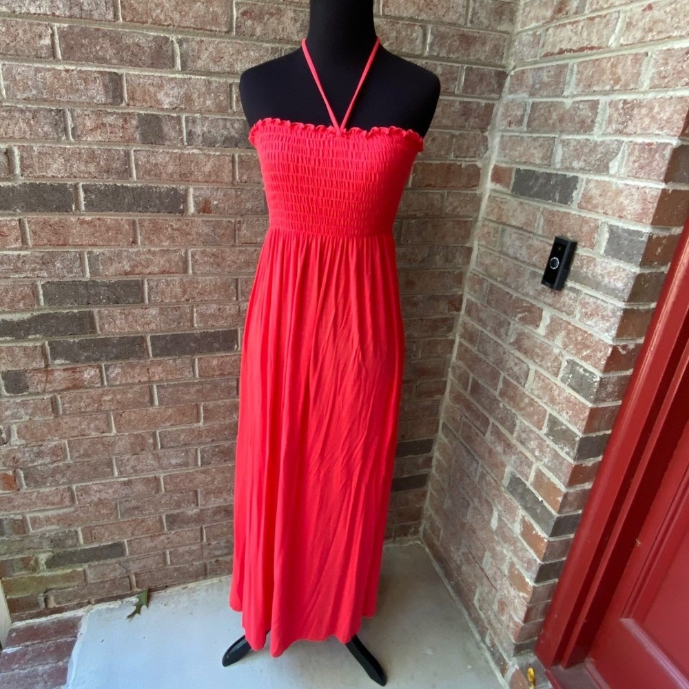 Sakkas Red Smocked Halter‎ Maxi Dress Strapless Convertible Boho Sundress